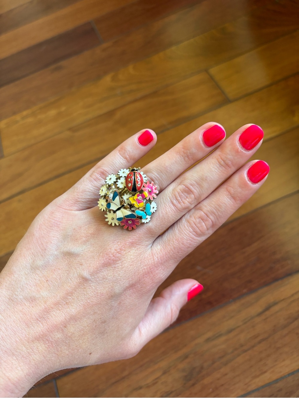 Floral Enamel Statement Ring in Red, Pink, Blue and Gold